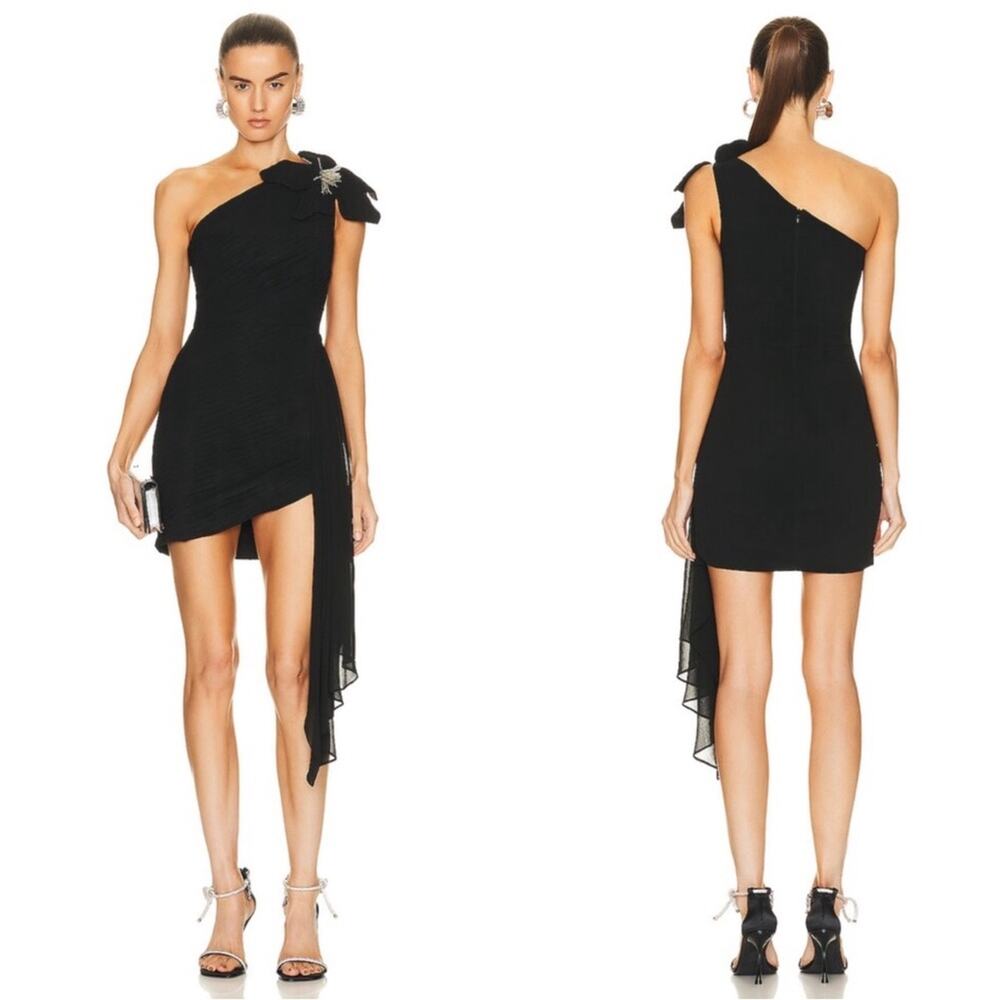 PATBO Flower Appliqué One Shoulder Ruched Draped Black Mini Dress Size 6